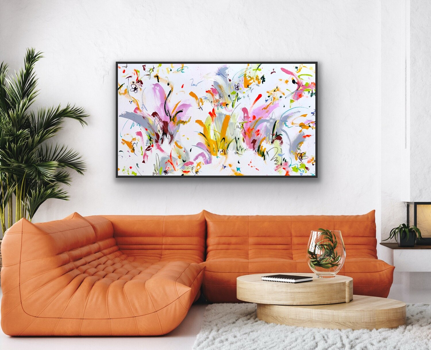 Happiness – buntes Bild Kunstwerk, abstrakte Malerei, Gemälde, kleine Pinselstriche, Leichtigkeit Diana Alb Original painting for sale