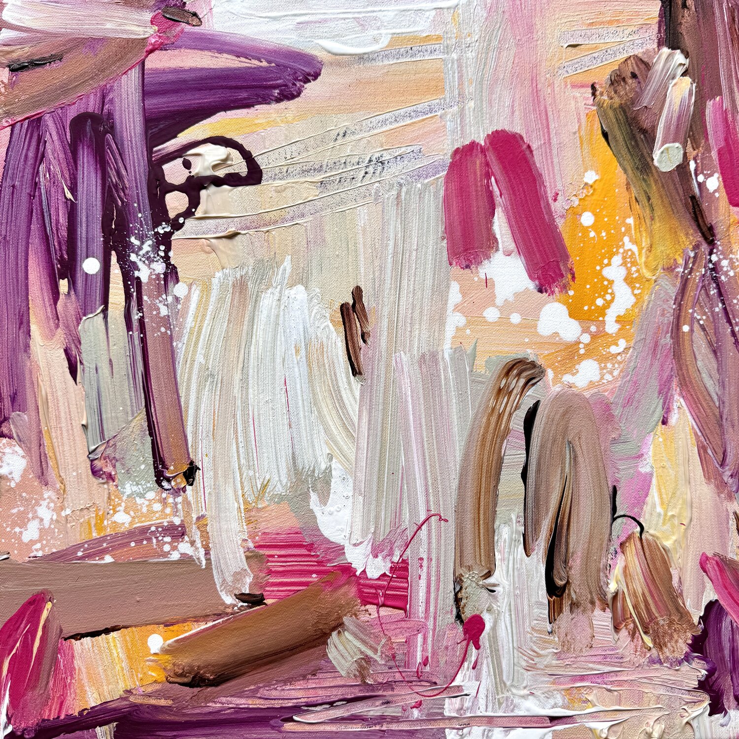 Now - rosa gelb abstrakte Malerei, buntes Gemälde Bild (gerahmt in Eiche) Diana Alb Original painting for sale