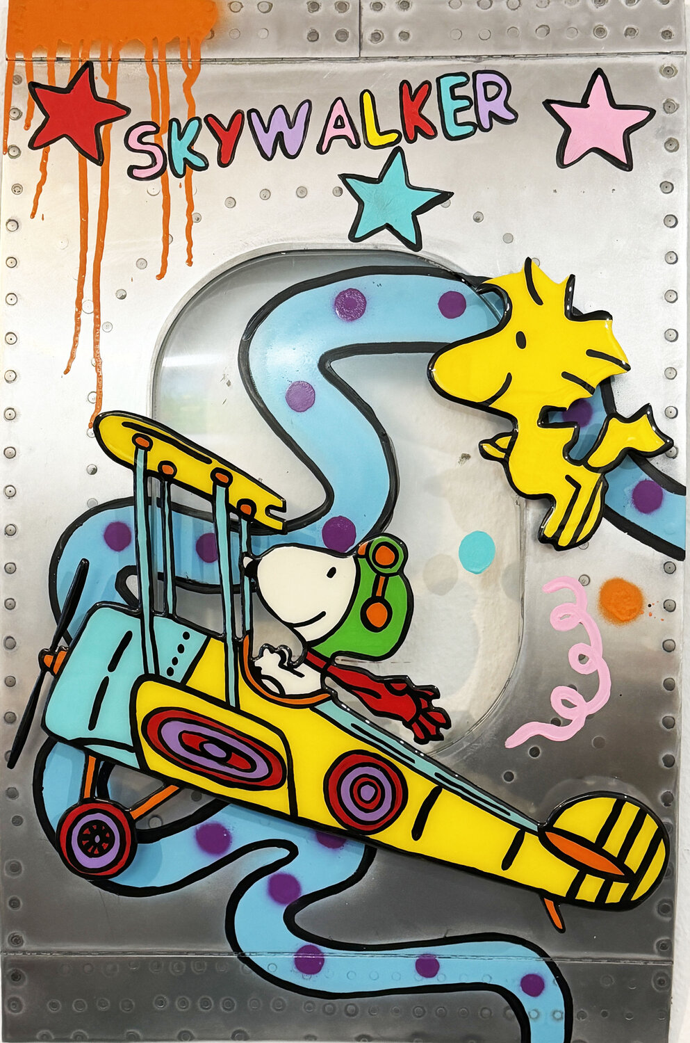 Snoopy, Woodstock, SKYWALKER, Flugzeug Fenster michael pfannschmidt Original painting for sale