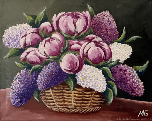 A bunch of lilacs and peonies by Mariana Gumeniuc, Painting for Sale on Select