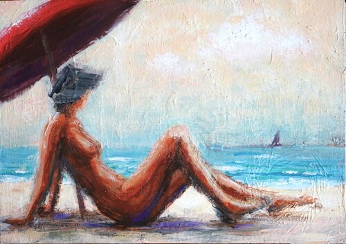 Summer heat at the beach - naked woman under red prarsol by Magnus Lindblom, Painting for Sale on Select