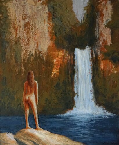 The secret - naked woman enjoying view of waterfall von Magnus Lindblom, Malerei kaufen auf Select