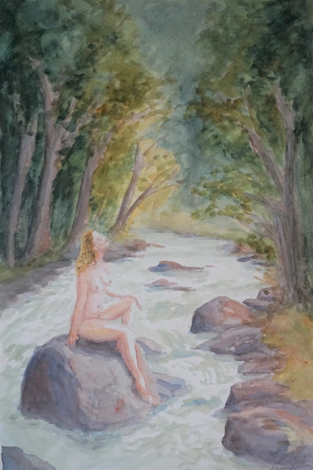 Naked woman enjoys the sun at the river Magnus Lindblom Original painting for sale