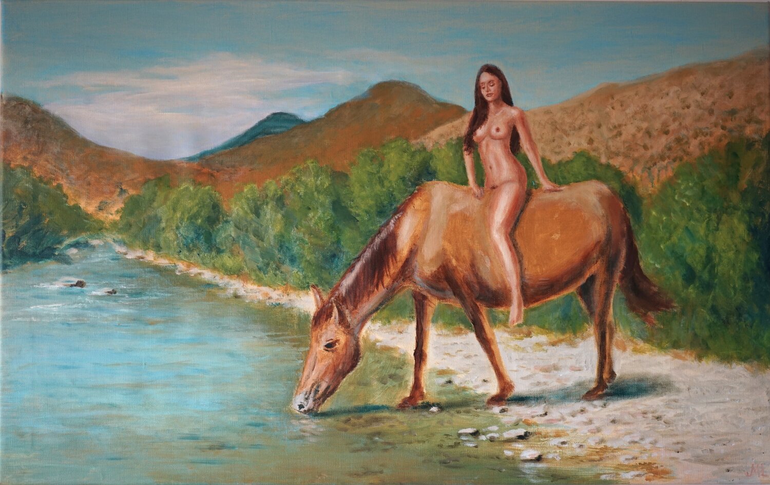 Naked woman on horse by the river Magnus Lindblom Original painting for sale