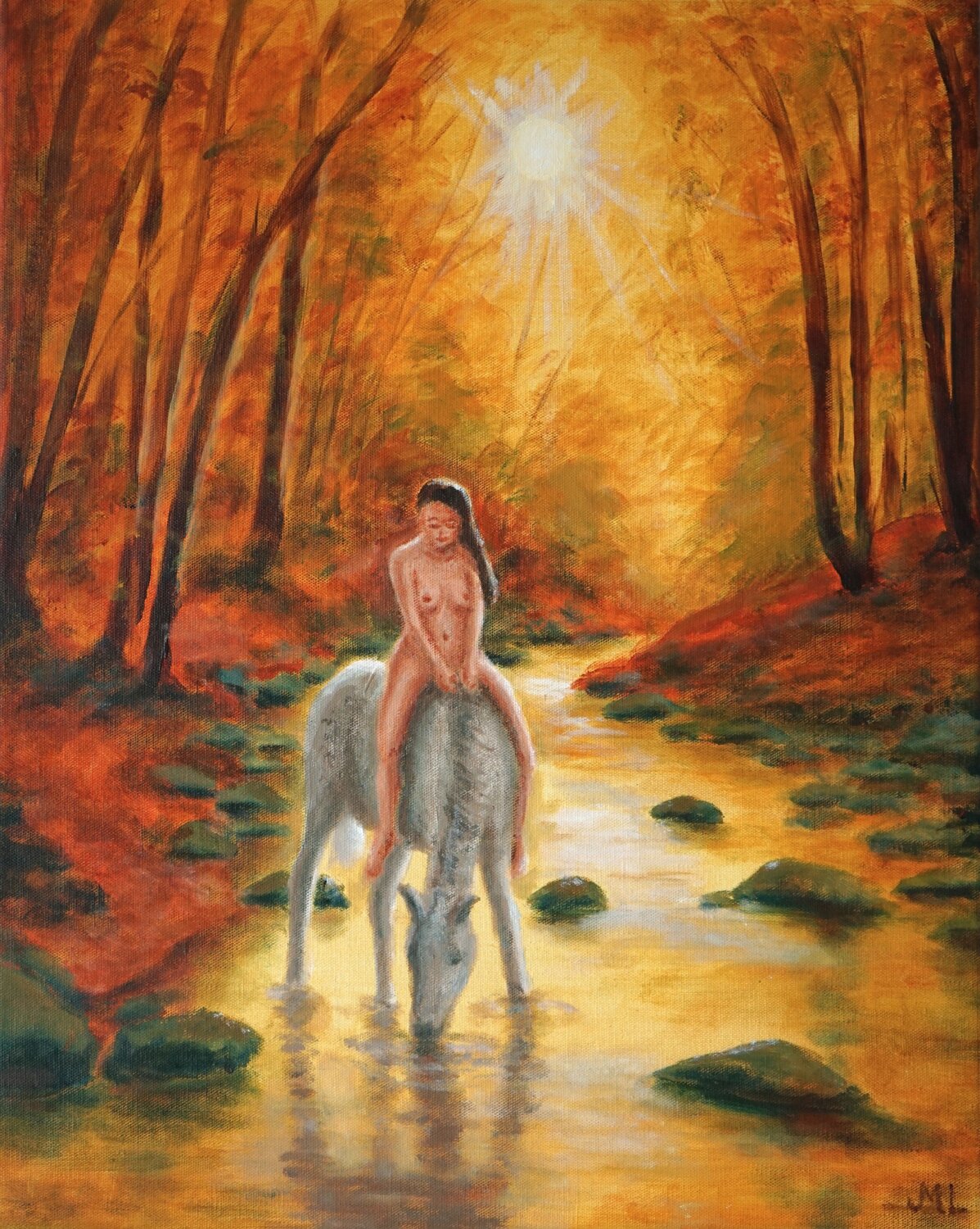 Naked woman on horse in nature Magnus Lindblom Original painting for sale
