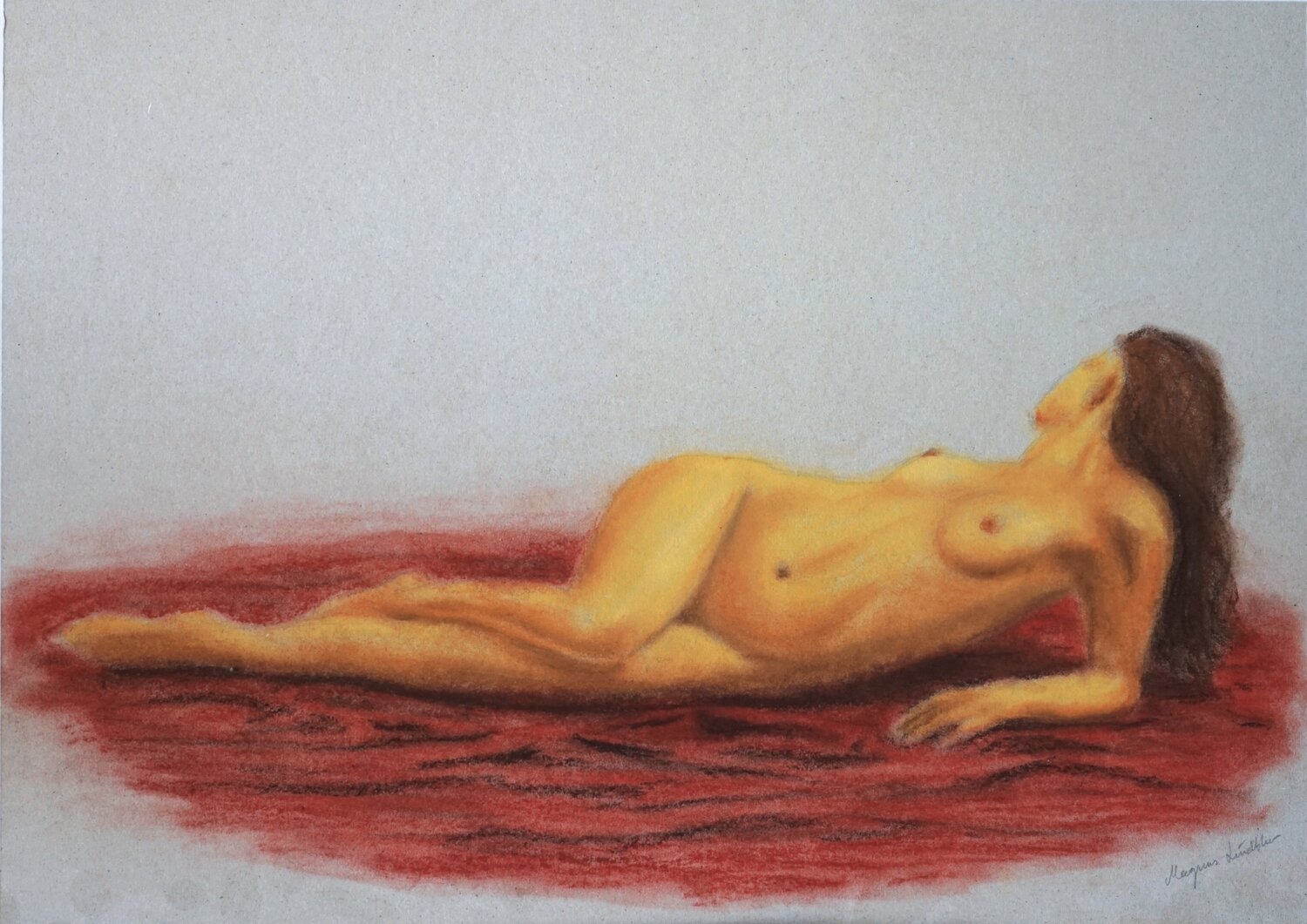 Naked woman lying on red silk Magnus Lindblom Drawing for sale