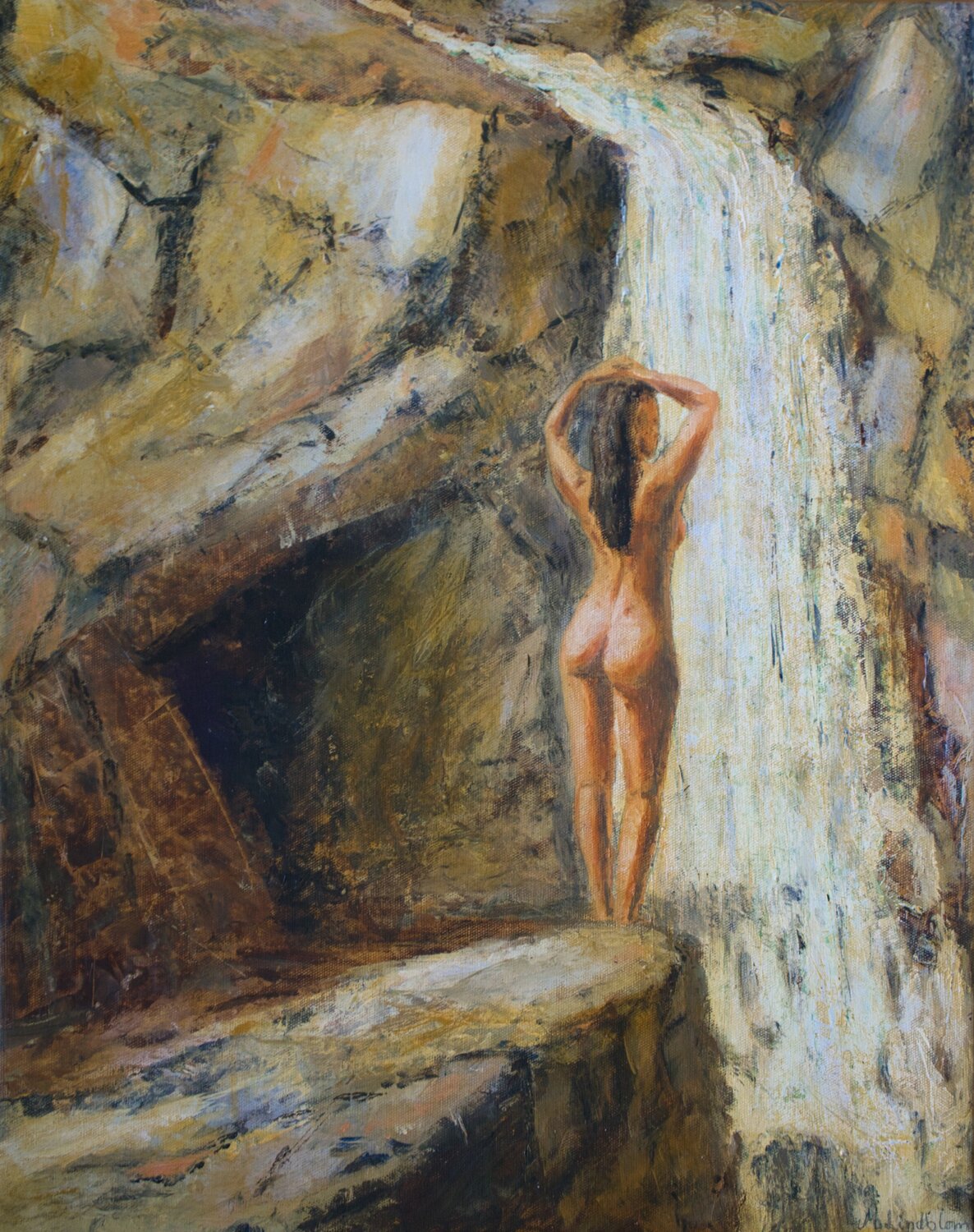 A New Day - naked woman enjoys the first sunlight near waterfall Magnus Lindblom Original painting for sale