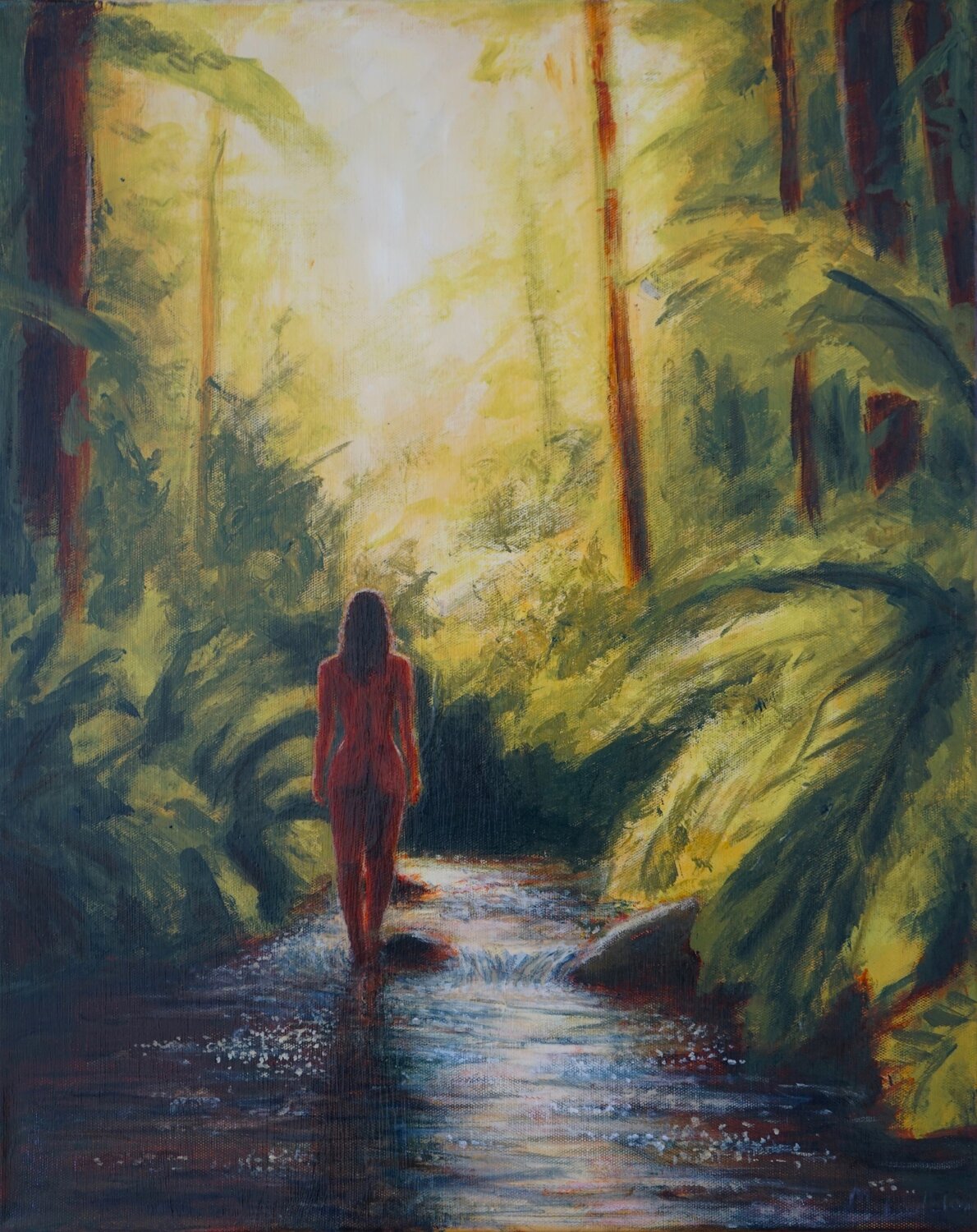 Walk in the creek - naked woman walking in nature Magnus Lindblom Original painting for sale