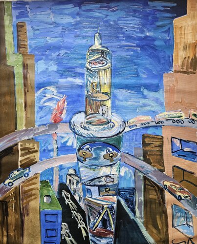 Amantes en un penthouse by Victor Collcardenas, Painting for Sale on Select
