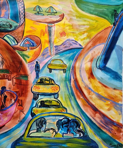 Pareja en un taxi by Victor Collcardenas, Painting for Sale on Select