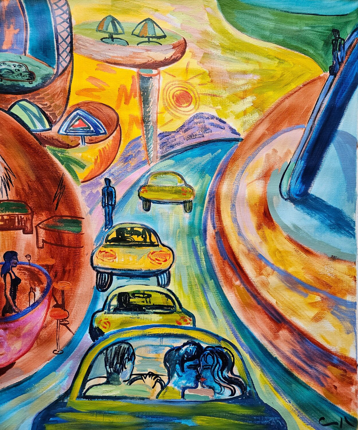 Pareja en un taxi Victor Collcardenas Original painting for sale