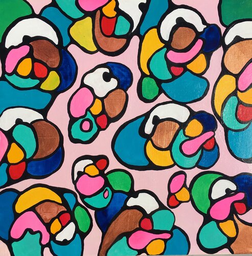 12. Marshmallow: A Playful Symphony of Colors and Shapes in Contemporary Abstract Art von Veera Zukova, Malerei kaufen auf Select