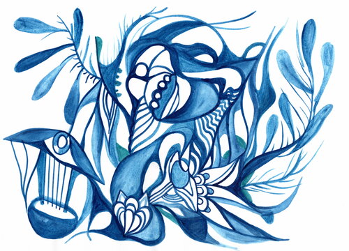 148. Flower: prussian blue watercolor and cobalt chrome turquoise by Veera Zukova, Painting for Sale on Select