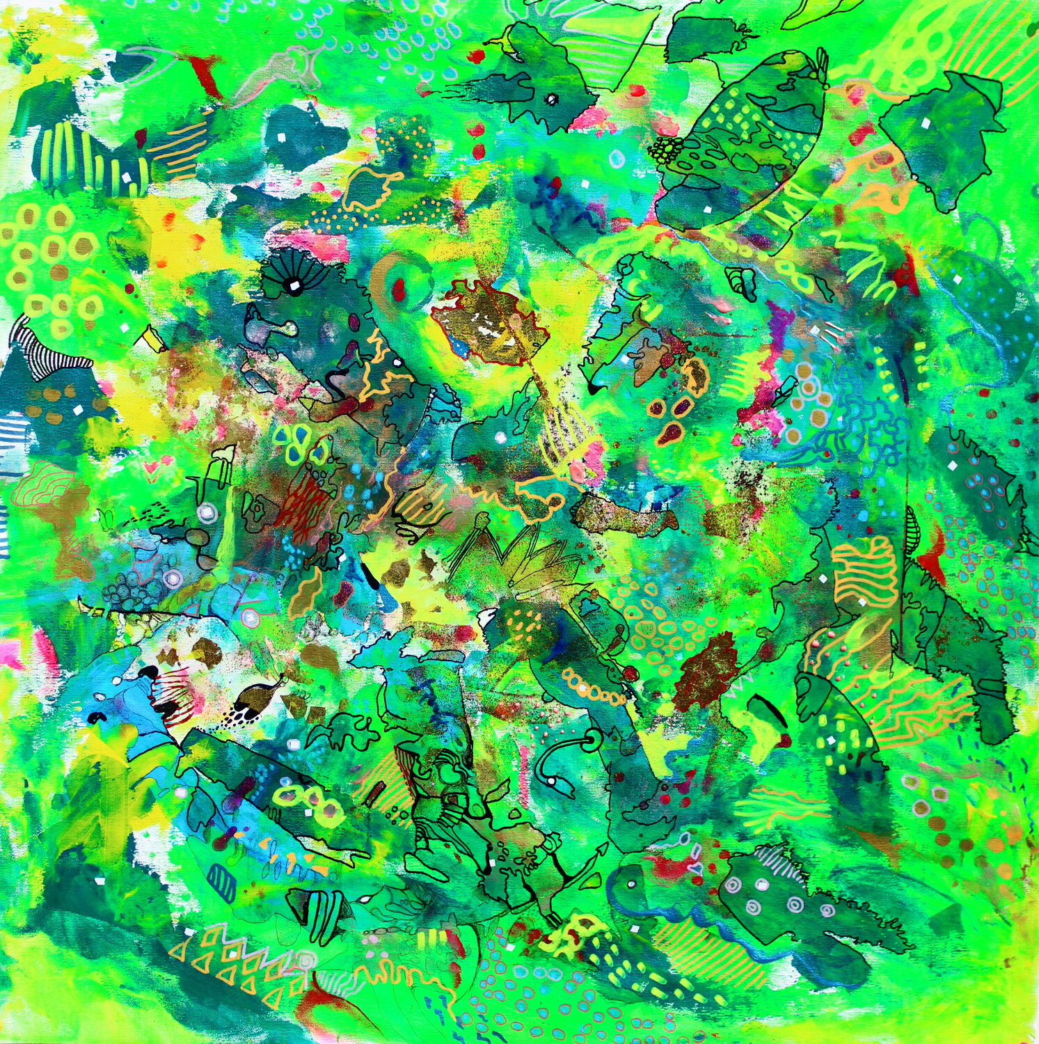 659. Emerald Vibrant Abstract Expressionism: Green Harmony with Intricate Patterns Veera Zukova Original painting for sale