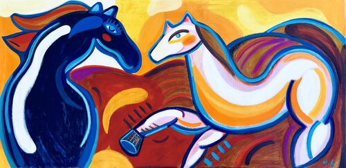 Horses in the sunset by Mercedes Lagunas, Painting for Sale on Select