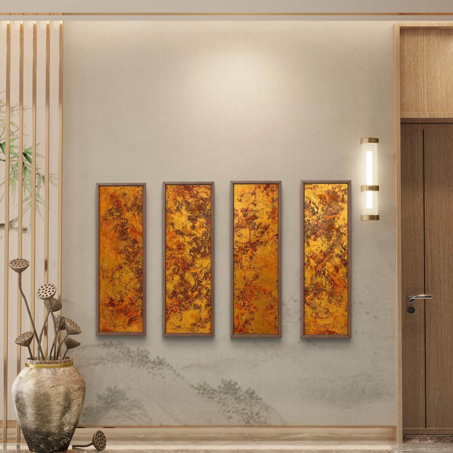 Sunfire Canvas Set of four 110x30x2 cm Exclusive Arts Original painting for sale