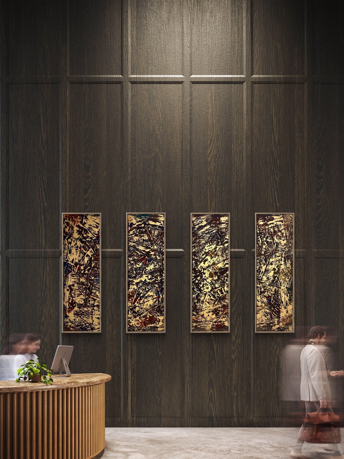 Gold Leaf Set of four 110x30x2 cm Exclusive Arts Original painting for sale