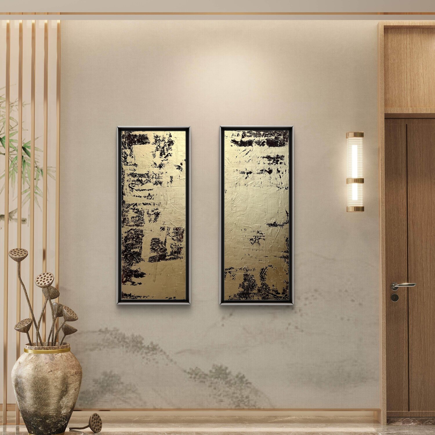 Greengold on grey Set of two 100x35x2 cm Exclusive Arts Original painting for sale