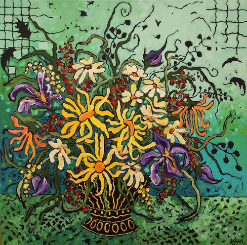 Pot of Gold - Floral Bouquet in Vase with Gold by Karnish Art, Painting for Sale on Select