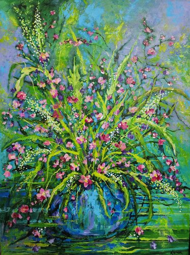 Bloom-time in Pot of Blues by Karnish Art, Painting for Sale on Select