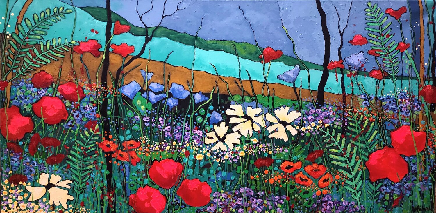 Pops of Poppy Flowers - Landscape Karnish Art Original painting for sale