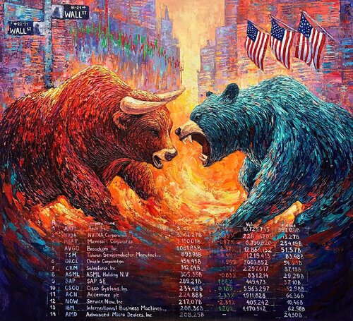 Market Titans: The Eternal Battle by Anna Clark, Painting for Sale on Select