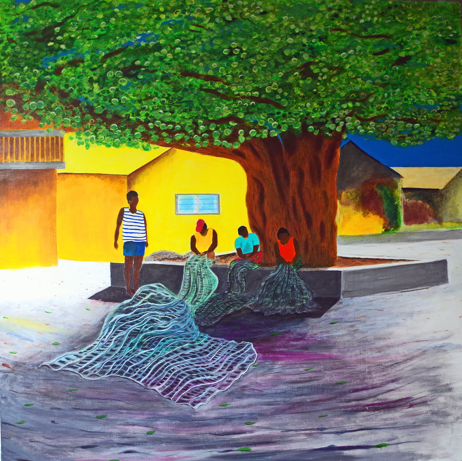 Les Pêcheurs sous le Purau du quai de Manihi (Polynésie Francaise) Claude de JOUVANCOURT Original painting for sale