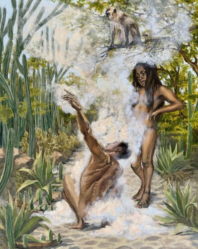 CREATION OF ADAM witnessed by mitochondrial Eve and the ape by Alex Bras, Painting for Sale on Select