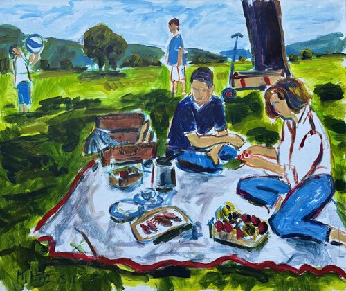 Frühstück im Freien - Breakfast outside by Meinrad Hoyer, Painting for Sale on Select