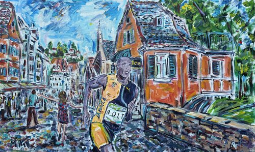 Spontan und unerwartet: Usain Bolt läuft durch Esslingen am Neckar (Deutschland) -  Spontaneous and unexpected: Usain Bolt runs through Esslingen am Neckar (Germany) by Meinrad Hoyer, Painting for Sale on Select