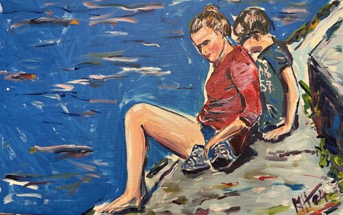 ein Mädchen und ein Junge sitzem am Ufer eines Flusses/ A girl and a boy are sitting on the banks of an river by Meinrad Hoyer, Painting for Sale on Select