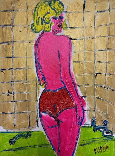 Pink Lady nimmt ein Bad - pink lady takes a bath by Meinrad Hoyer, Painting for Sale on Select