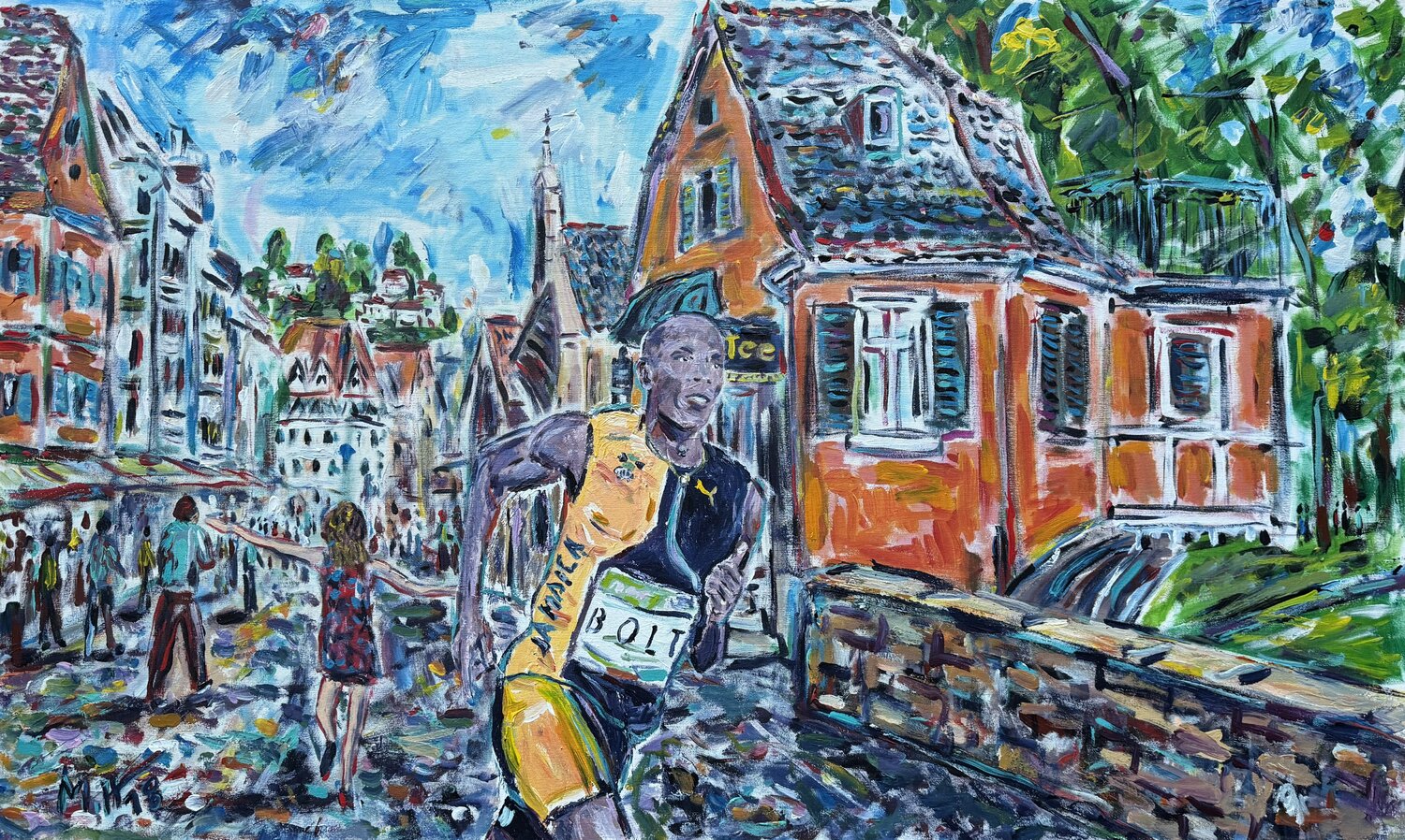 Spontan und unerwartet: Usain Bolt läuft durch Esslingen am Neckar (Deutschland) -  Spontaneous and unexpected: Usain Bolt runs through Esslingen am Neckar (Germany) Meinrad Hoyer Original painting for sale