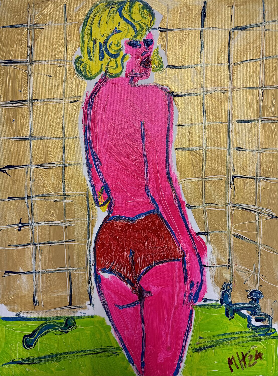 Pink Lady nimmt ein Bad - pink lady takes a bath Meinrad Hoyer Original painting for sale