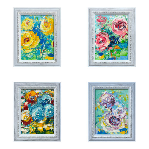 Collection of roses . Quadriptych (4 oil paintings "Three yellow", "Tea roses", "Dominance of light blue roses", "Chorismatic") by Svitlana Andriichenko, Painting for Sale on Select