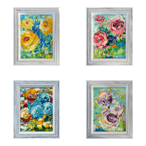 Collection of roses . Quadriptych (4 oil paintings "Three yellow", "Tea roses", "Dominance of light blue roses", "Chorismatic") von Svitlana Andriichenko, Malerei kaufen auf Select