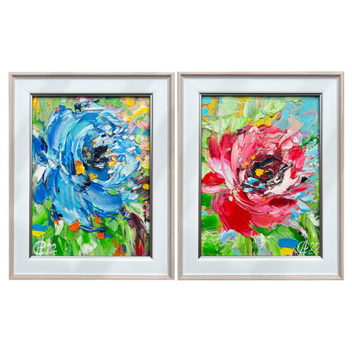 Flower collection. Diptych (2 oil paintings “Brave blue“, “Feeling of summer“) by Svitlana Andriichenko, Painting for Sale on Select