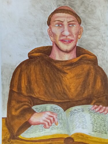 Vor ca 500 Jahren lebte ein Mönch, der las in der Bibel.. by Iris Hillmeister-Becker, Drawing for Sale on Select