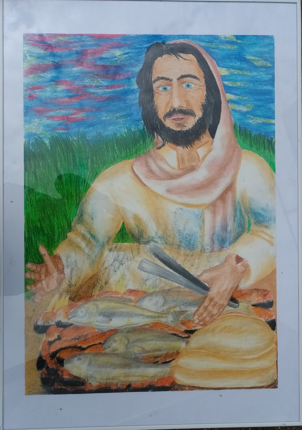 Jesus grillt Iris Hillmeister-Becker Original painting for sale