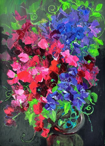 Summer dance of mallow and sweet peas by Julija Demenkova, Painting for Sale on Select