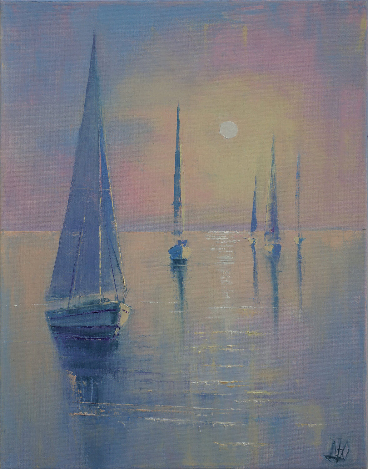 Yachts at sunrise Julija Demenkova Original painting for sale