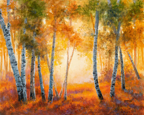 Autumn birch tree forest scene by Lucía Verdejo, Painting for Sale on Select