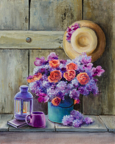 Red and purple flowers still life. by Lucía Verdejo, Painting for Sale on Select