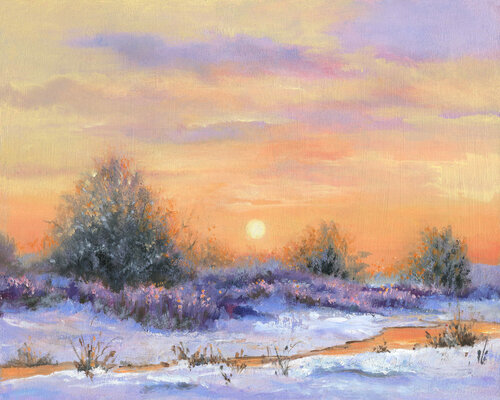 Snowy river at winter dawn by Lucía Verdejo, Painting for Sale on Select
