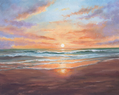 Peaceful beach sunset by Lucía Verdejo, Painting for Sale on Select