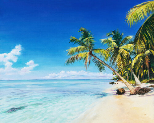 Tropical beach with palm trees by Lucía Verdejo, Painting for Sale on Select