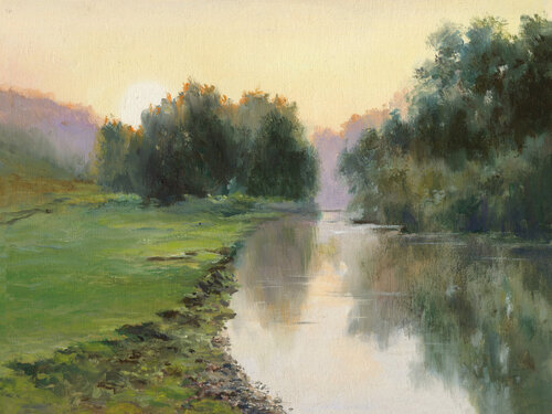 Cloudy sunrise on river landscape by Lucía Verdejo, Painting for Sale on Select