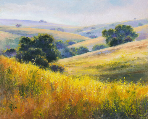 Sunny hills with yellow flowers by Lucía Verdejo, Painting for Sale on Select