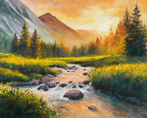 Pine trees by the river sunset by Lucía Verdejo, Painting for Sale on Select