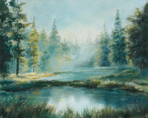 Misty lake in a pine forest by Lucía Verdejo, Painting for Sale on Select